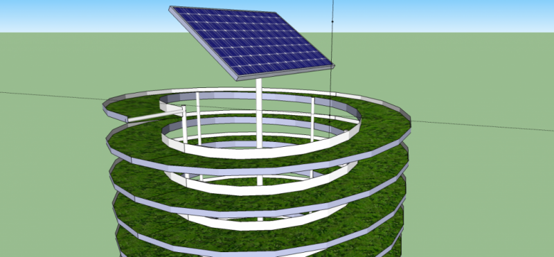 The system is a vertical spiral aquaponics growing system powered by a ...