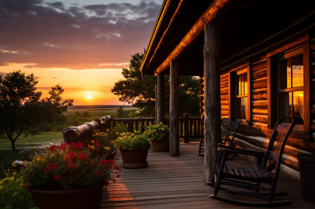 Cabin porch at sunset